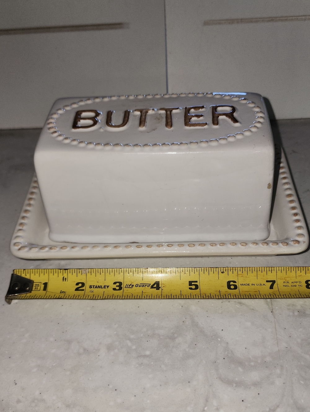 Large White Ceramic Butter Dish with Beaded Edge
